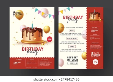 Geburtstag Einladungskarte Vektorgrafik Vorlage Design. Geburtstagsparty-Einladungs-Flyer mit Kuchen und Ballons Dekoration Elemente für Event, Anlass und Jubiläum Front und Back Layout Vorlage. Vektorgrafik