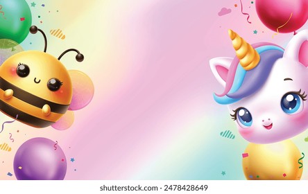 Birthday invitation card vector template. Birthday invitation card with blank empty space for greeting text with cute bee and lovely unicorn characters in colorful background.  Vector illustration 