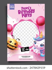 Birthday invitation card vector template design. Birthday party card with empty space for celebrant picture, cute bee and unicorn characters element for kids invitation template. Vector illustration 