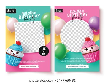 Tarjeta de invitación de cumpleaños Vector diseño de Plantilla. Plantilla de invitación de fiesta de cumpleaños con espacio en blanco para la imagen de los niños y adorable taza de Elementos de decoración de pastel. juego de tarjetas de felicitación de Ilustración vectorial. 
