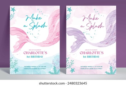 Birthday invitation card vector template design. Mermaid birthday girl underwater theme with fish tail watercolor background for party aquatic invitation card. Vector illustration mermaid template set