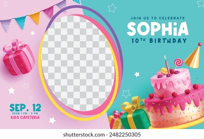 Birthday invitation card vector template design. Birthday girl invitation card with strawberry cake, gift box elements in blank space for celebrant picture. Vector illustration greeting design.
