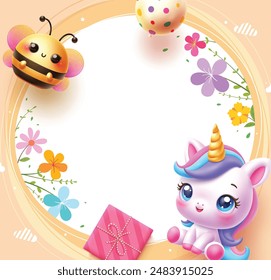 Birthday invitation card vector template design. Happy birthday greeting in circle blank empty space with cute bee and unicorn characters, colorful flowers decoration. Vector illustration invitation 