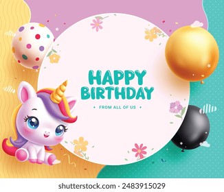 Birthday invitation card vector template design. Happy birthday greeting text in circle white space with unicorn character and colorful balloons in abstract background. Vector illustration greeting 