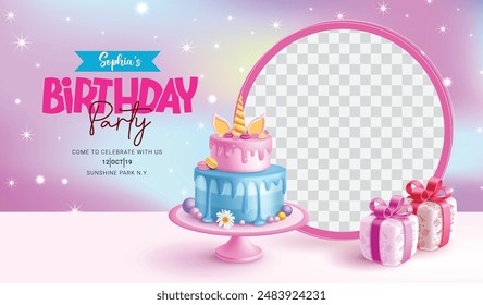 Birthday invitation card vector template design. Happy birthday invitation card with blank circle space for celebrant picture for girl party greeting template. Vector illustration card template.  
