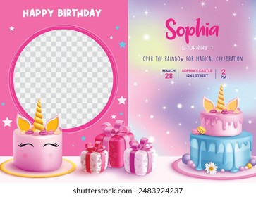 Birthday invitation card vector template design. Happy birthday greeting with unicorn, strawberry cake and gift box elements for party card template. Vector illustration magical theme design.