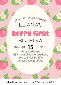 Birthday invitation card vector template. Strawberry birthday Party theme with strawberry watercolor background.
