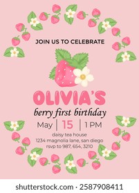 Birthday invitation card vector template. Strawberry birthday Party theme with strawberry watercolor background.