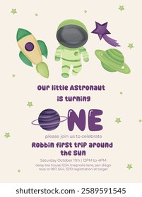 Birthday invitation card vector template. Space birthday Party theme with astronaut, planets and other elements.