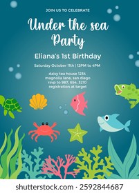 Birthday invitation card vector template. Sea birthday Party theme with fishes and other elements.