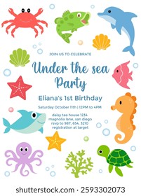  Birthday invitation card vector template. Sea birthday Party theme with fishes and other elements.
