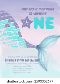 Birthday invitation card vector template. Mermaid birthday Party theme.