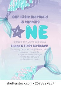 Birthday invitation card vector template. Mermaid birthday Party theme.