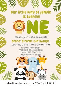 Birthday invitation card vector template. Safari birthday Party theme with animals and leaves.