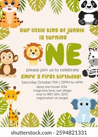 Birthday invitation card vector template. Safari birthday Party theme with animals and leaves.