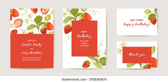 Birthday invitation card, vintage botanical Save the Date strawberry set. Design template of fruits, flowers and leaves, blossom illustration. Vector trendy cover, pastel graphic poster, brochure