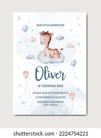 birthday invitation card watercolor giraffe, clouds, and balloon 