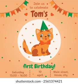 Birthday invitation, children's party, invitation with kitten, one year, cute kitten, flags, confetti, flags, kids party