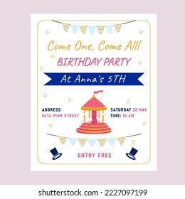 Birthday invitation in circus style pink and carousel. Vector. 