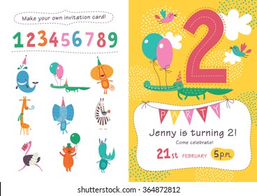 Birthday invitation. Collection of cute animals and numbers in childish style for designing own posters and invitation cards.Vector isolated illustration.