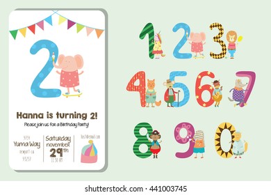 Birthday invitation. Collection of cute animals and numbers in childish style for designing posters and invitation cards.Vector isolated illustration.Birthday Anniversary Numbers with Cute Animals. 