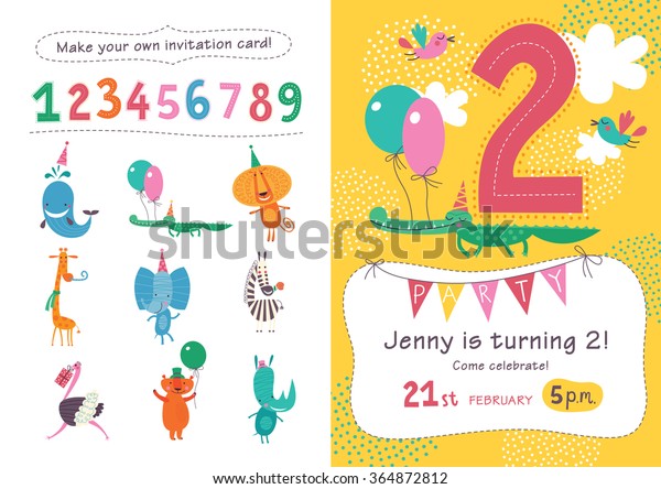 誕生日の招待 自分のポスターや招待状をデザインする子どもっぽい形のかわいい動物や数字のコレクション ベクターイラスト のベクター画像素材 ロイヤリティフリー