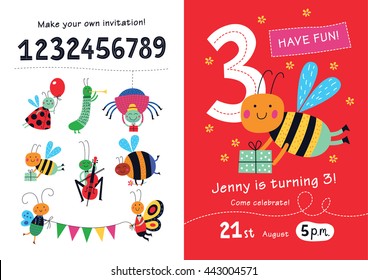 Birthday invitation. Collection of cute insects and numbers in childish style for designing own posters and invitation cards.Vector isolated illustration.