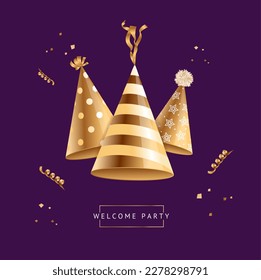 Birthday Invitation Concept Banner with Realistic Detailed 3d Gold Party Hat. Vector illustration of Caps with Confetti