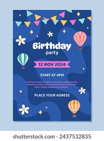 Birthday invitation concept. Greeting postcard template. Annual holiday and festival. Party and event. Flowers and air balloons. Cartoon flat vector illustration isolated on blue background