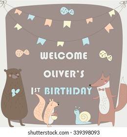 Birthday invitation with cute bear, fox, snail, squirrel and butterflies  in cartoon style
