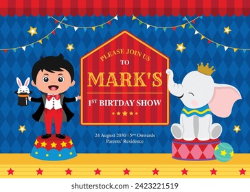 Birthday invitation with cute boy magician and elephant