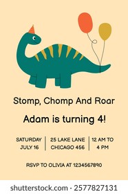 Birthday invitation with cute dinosaur character with balloons. Template for card, poster, banner, flyer. Vector illustration