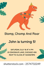 Birthday invitation with cute dinosaur tyrannosaurus character.  Template for card, poster, banner, flyer. Vector illustration