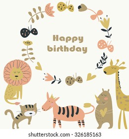 Birthday invitation with cute lion, tiger, zebra, rhino, giraffe, butterflies  and flowers in cartoon style