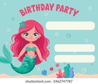 Birthday invitation with cute mermaid with beautiful eyes and red hair. Vector Illustration in flat style