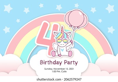 Birthday invitation with cute unicorn, balloons, rainbow and clouds in blue and pink colors. Ready to use and editable template. An invitation for children and adults. Fourth year of birth. 