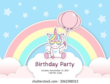 Birthday invitation with cute unicorn, balloons, rainbow and clouds in blue and pink colors. Ready to use and editable template. An invitation for children and adults. 