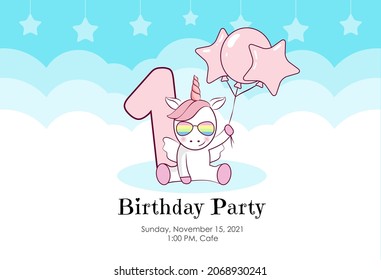 Birthday invitation with cute unicorn, balloons and clouds in blue and pink colors. Ready to use and editable template. An invitation for children and adults. First year of birth. 