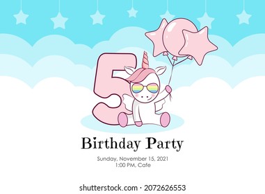 Birthday invitation with cute unicorn, balloons and clouds in blue and pink colors. Ready to use and editable template. An invitation for children and adults. Fifth year of birth. 