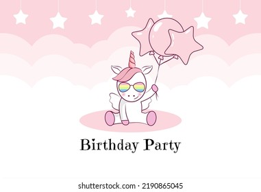 Birthday invitation with cute unicorn, balloons and clouds in pink colors. Ready to use and editable template. An invitation for children and adults. 