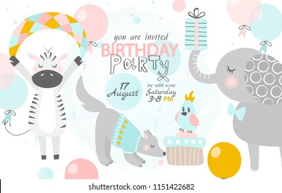 Birthday invitation with cute Zebra, dog and elephant. Vector illustration.