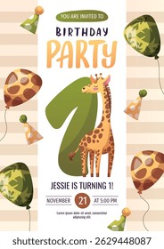 Birthday invitation design with cute giraffe. 1 year old invitation template. Vector illustration.