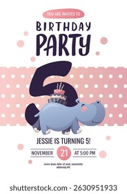 Birthday invitation design with cute hippopotamus and cake. 5 years old invitation template. Vector illustration.