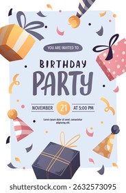 Birthday invitation design with Birthday gifts, party hats. Vector illustration.