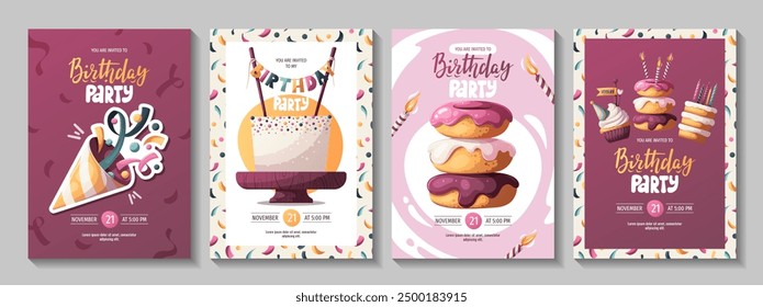 Diseños de invitación de cumpleaños con pastel, cupcake, donas de cumpleaños, sombrero de fiesta. Letras escritas a mano. Fiesta de cumpleaños, celebración, felicitaciones, concepto de invitación. Ilustración vectorial.