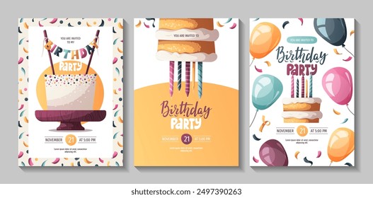 Diseños de invitación de cumpleaños con pasteles y globos. Fiesta de cumpleaños, celebración, felicitaciones, concepto de invitación. Ilustración vectorial.