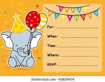 Birthday Invitation. Elephant With Balloons And Party Hat