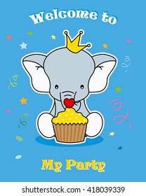birthday invitation. elephant with cupcake
