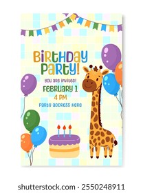 Birthday invitation with a funny giraffe and festive decorations.