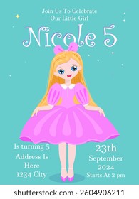 Birthday invitation for a girl 5 years old. Princess in a pink dress